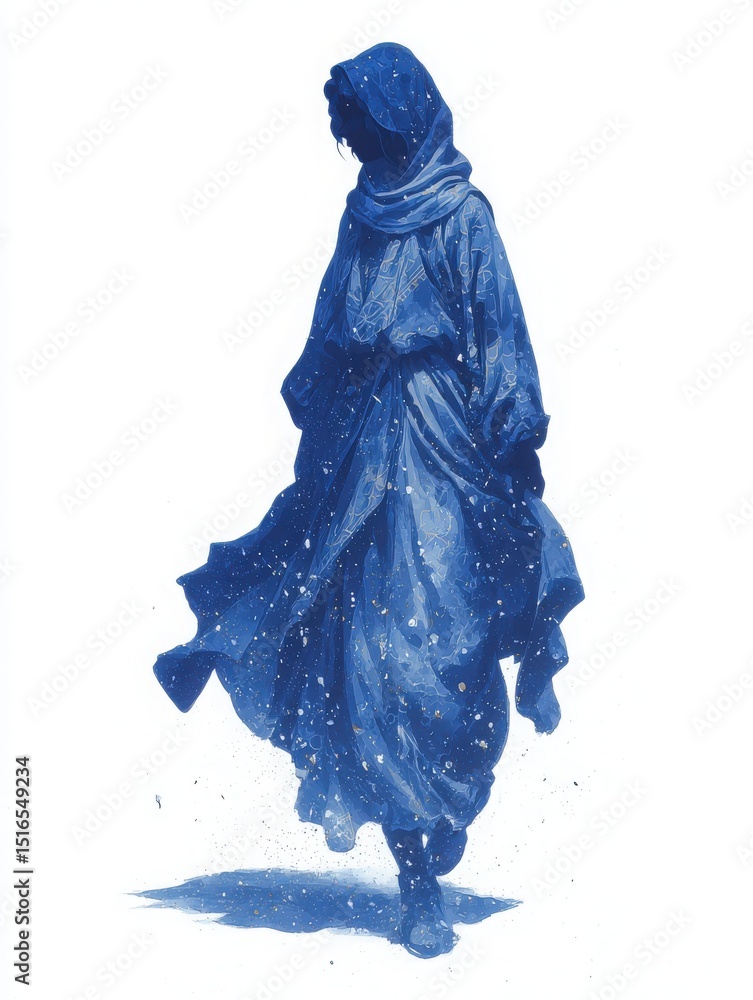 A figure dressed in a long, flowing blue garment walks elegantly through a serene landscape.