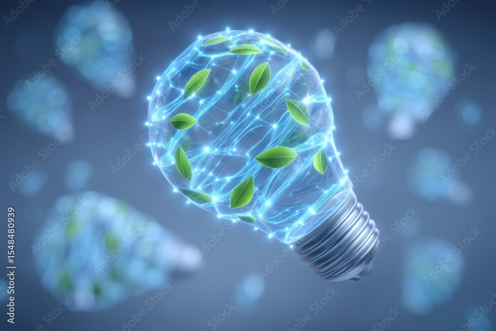 A futuristic light bulb is displayed, intricately designed with glowing blue lines and green leaves representing a blend of technology and nature.