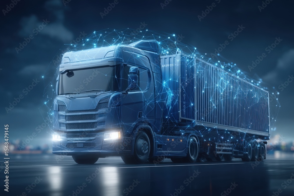 A futuristic truck with a glowing digital overlay is parked in a bustling city at night. The trucks container connects seamlessly to a network of light, symbolizing advanced technology and logistics.