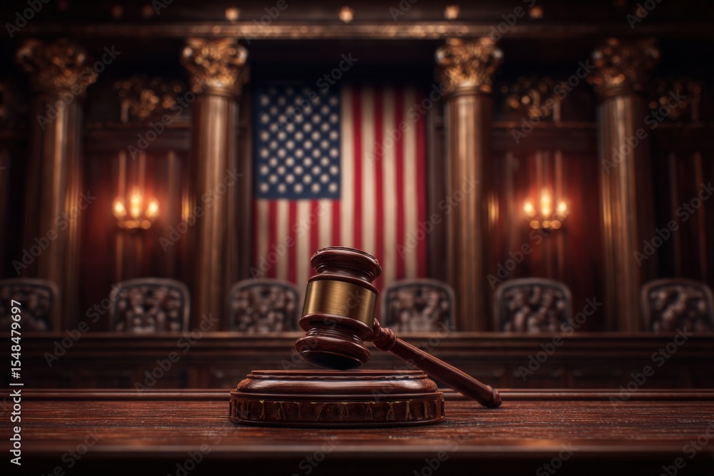 A gavel rests on a polished wooden bench in a courtroom, where ornate details surround it.