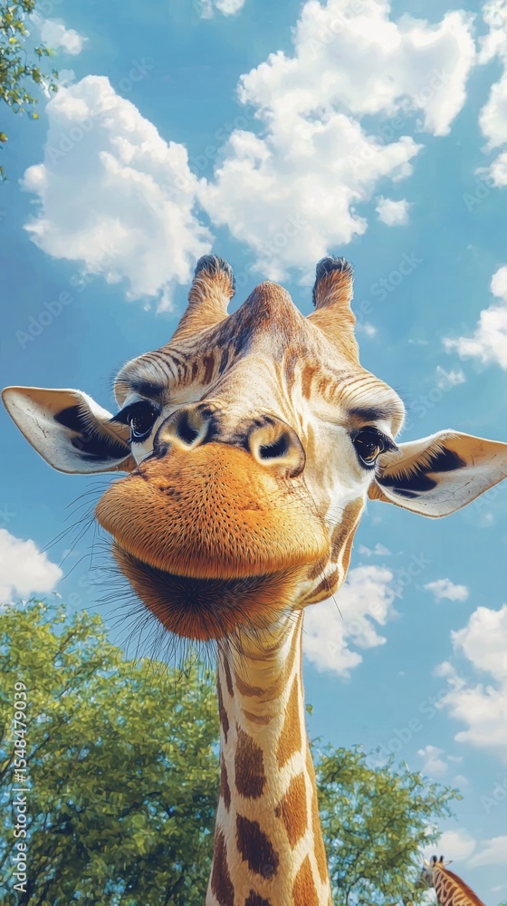 A giraffe is gazing with a curious expression, showcasing its distinctive features against a backdrop of fluffy clouds and greenery. The scene conveys a sense of wildlife wonder.