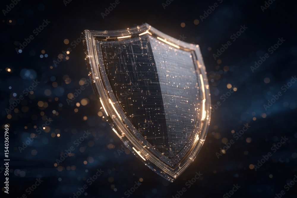 A glowing, digital shield floats against a dark background filled with soft glimmers of light.