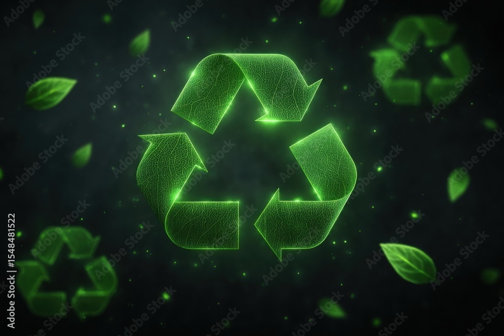 A glowing green recycling symbol is centrally located, surrounded by scattered leaves. The background is dark, enhancing the vibrant colors and representing eco-friendliness and sustainability.