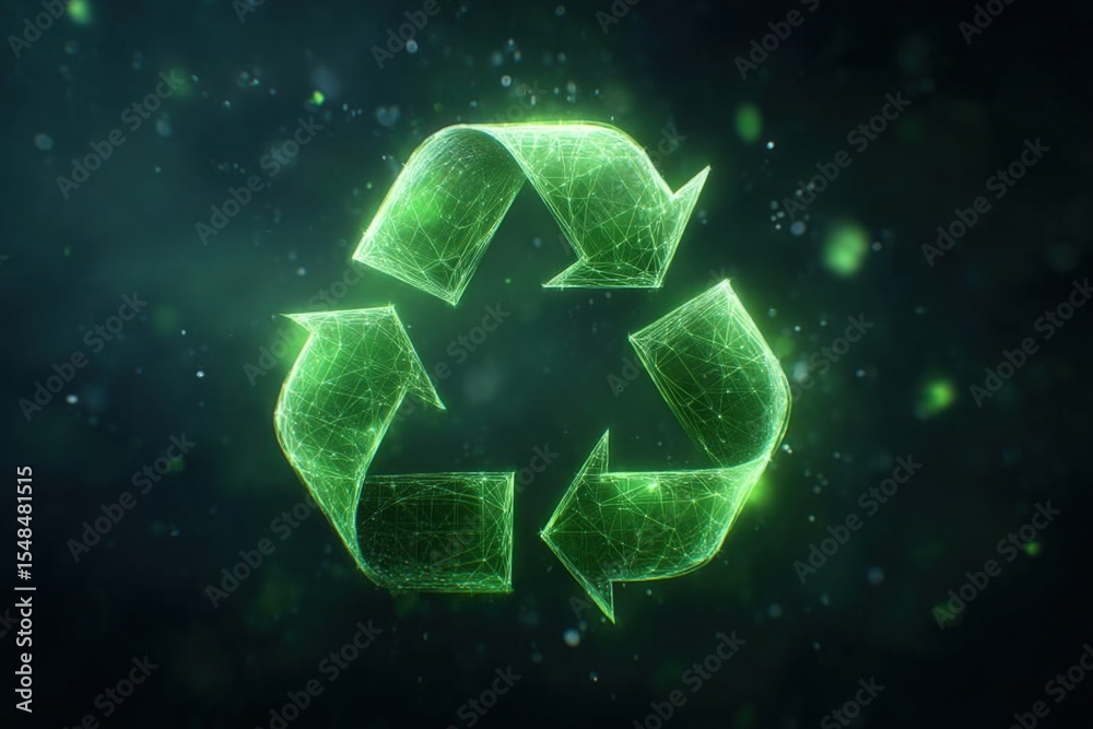 A glowing green recycling symbol is displayed in a vibrant digital form, set against a dark background. The design highlights themes of sustainability and environmental awareness.