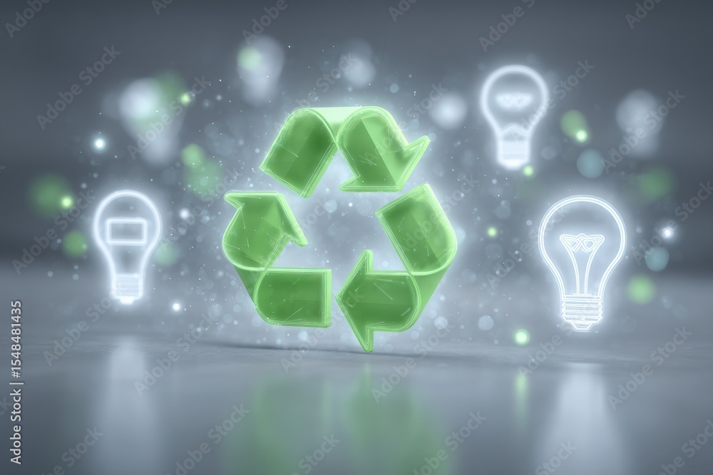 A glowing green recycling symbol is surrounded by illuminated light bulbs, highlighting themes of sustainability and energy conservation.