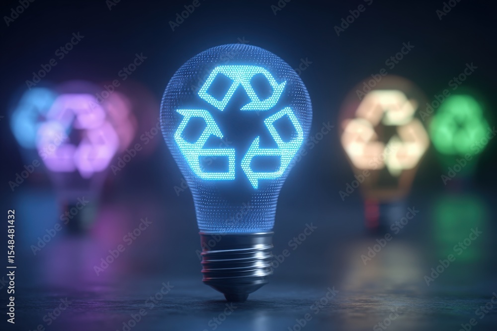 A glowing light bulb features a blue recycling symbol, standing out against a blurred background of colorful bulbs. The setting highlights themes of sustainability and eco-friendliness.