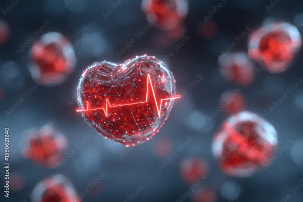 A glowing red heart with a digital heartbeat line pulses in a dark, abstract environment filled with floating, translucent elements. The design symbolizes health and technology.