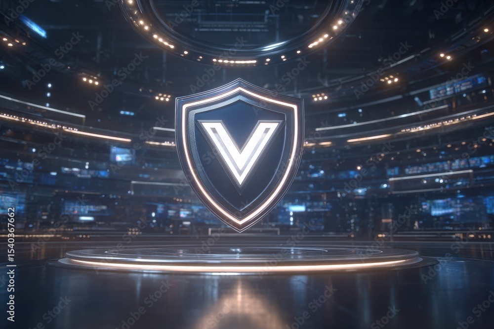 A glowing shield emblem stands in the center of a high-tech arena. Surrounding screens display dynamic visuals, creating a captivating atmosphere.