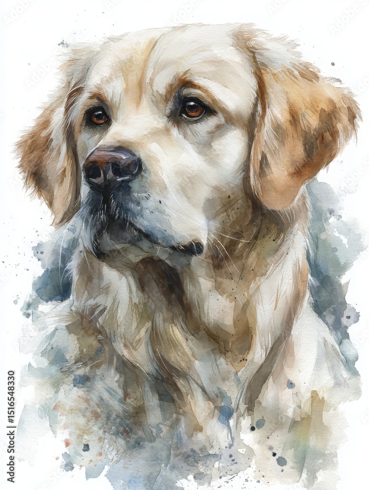 A golden retriever is beautifully depicted with soft brush strokes highlighting its expressive eyes and fur. The background features subtle shades that enhance the dogs regal appearance.