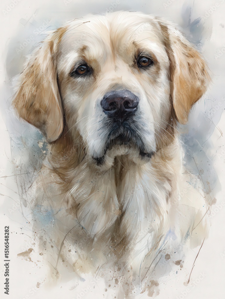 A golden retriever is depicted in a beautiful and detailed portrait.