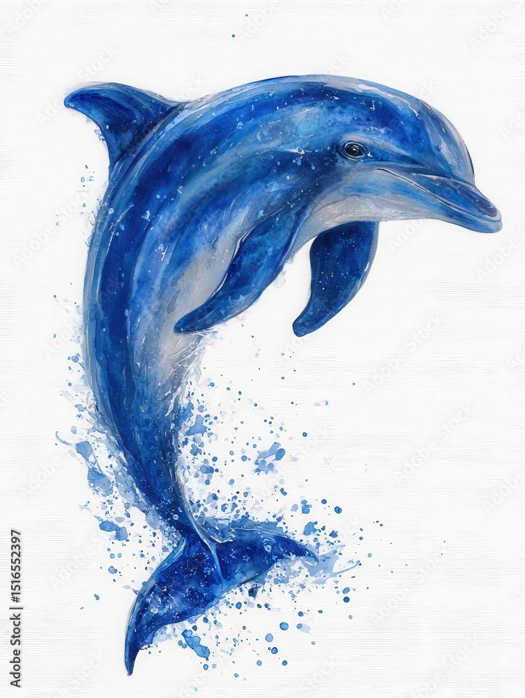 A graceful dolphin leaps from the ocean, creating splashes of water around it. The artistic representation captures the fluid motion and vibrant blue hues, showcasing the beauty of marine life.