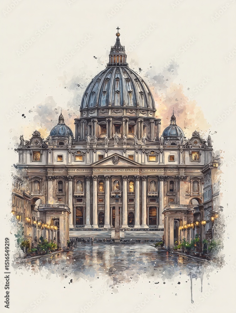 A grand view of St. Peters Basilica showcases its stunning dome and intricate architecture. The scene captures a recent evening where rain has left the cobblestones glistening, enhancing the beauty.