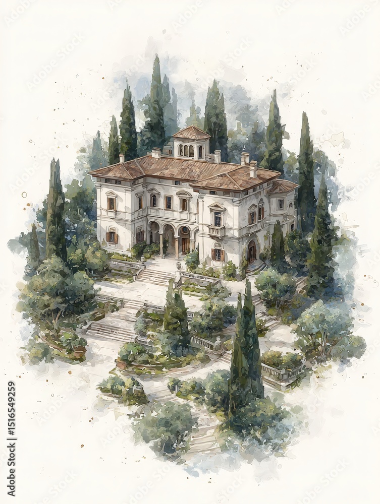 A grand villa is nestled among tall cypress trees and manicured gardens. The architectural details shine in the soft light, creating a tranquil and picturesque setting perfect for relaxation.