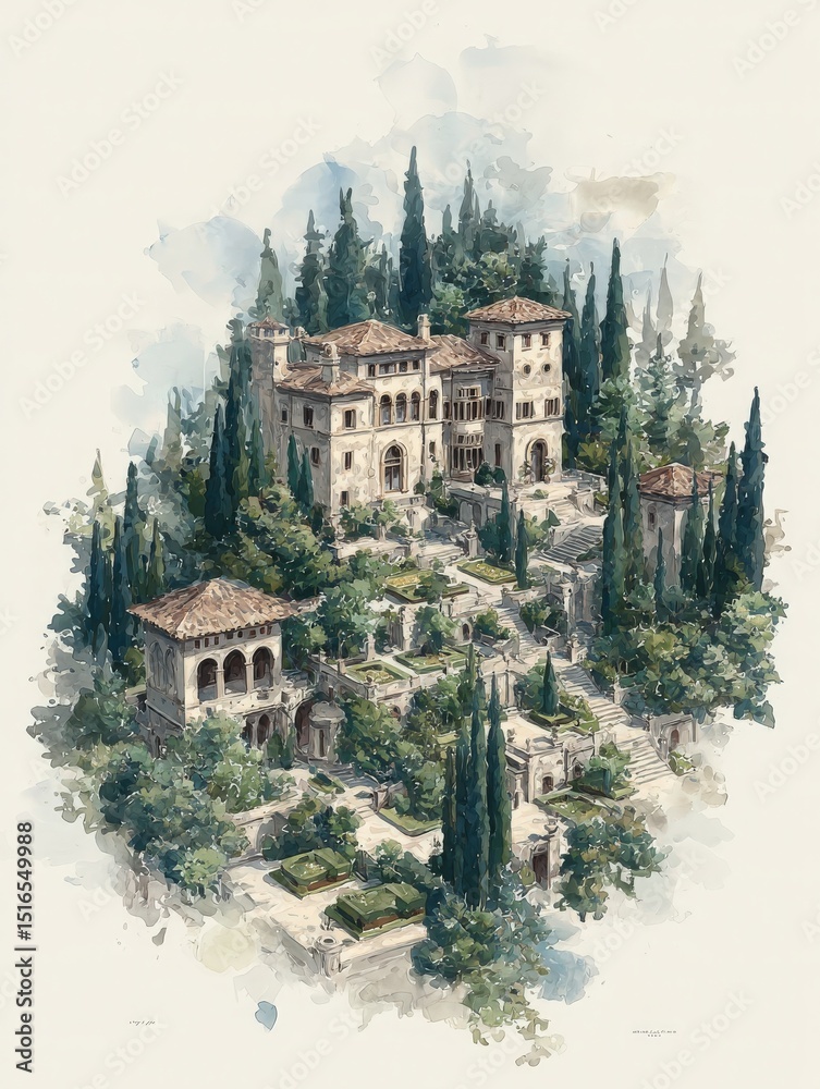 A grand villa stands amidst vibrant gardens, surrounded by tall cypress trees. Sunlight illuminates the intricate architecture and manicured hedges, creating an idyllic atmosphere.