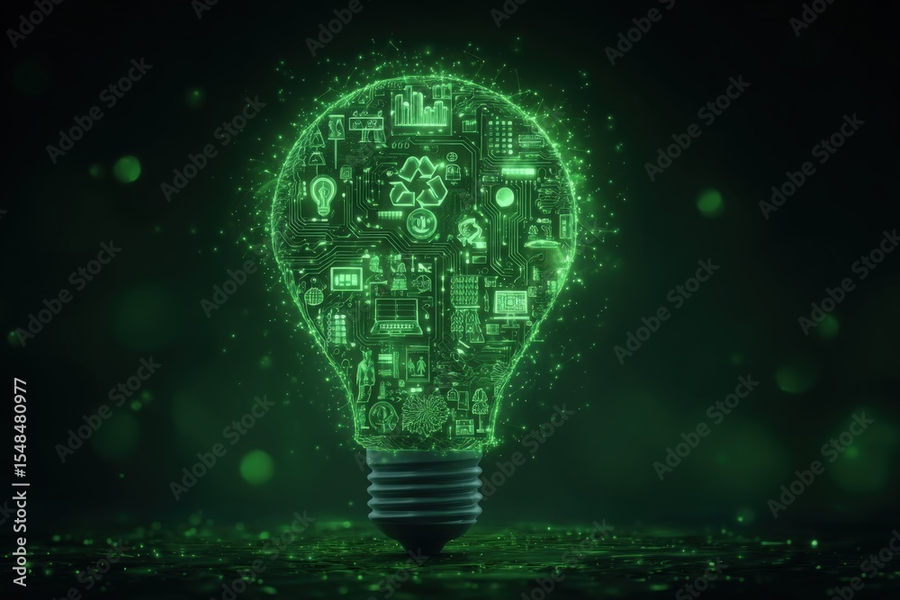 A green light bulb illuminates intricate patterns and icons that symbolize technology, sustainability, and innovation. This vibrant visual captures ideas of environmental awareness and progress.