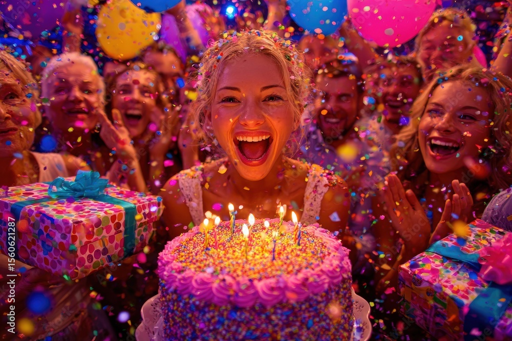 A group of people gathers around a smiling woman celebrating her birthday. Colorful confetti fills the air as she blows out candles on a vibrant cake, surrounded by cheerful guests and gifts.