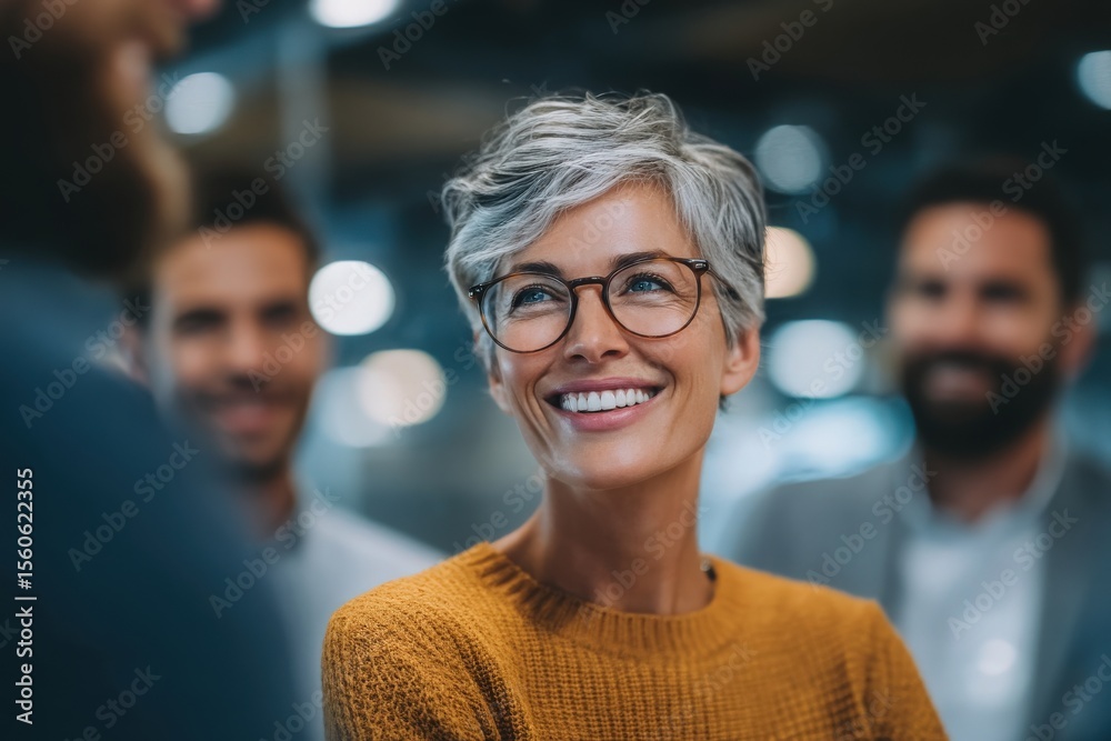 A group of professionals interacts in a contemporary office setting. A woman with short gray hair and glasses smiles warmly while engaged in conversation. The atmosphere is lively and collaborative.