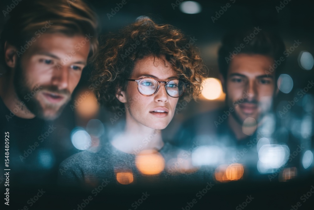 A group of three friends concentrates on a bright screen in a contemporary office setting. Their expressions show curiosity and engagement as they brainstorm together.