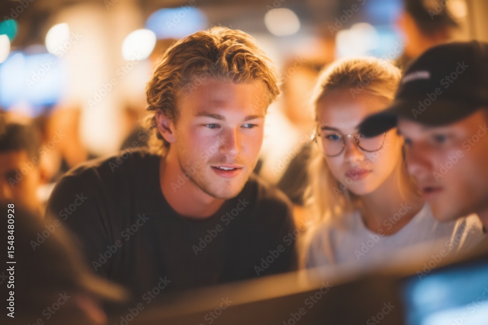 A group of young adults focuses intently on a computer screen in a lively social space, collaborating on a project. The ambient lighting and buzz of the evening enhance the atmosphere of teamwork.