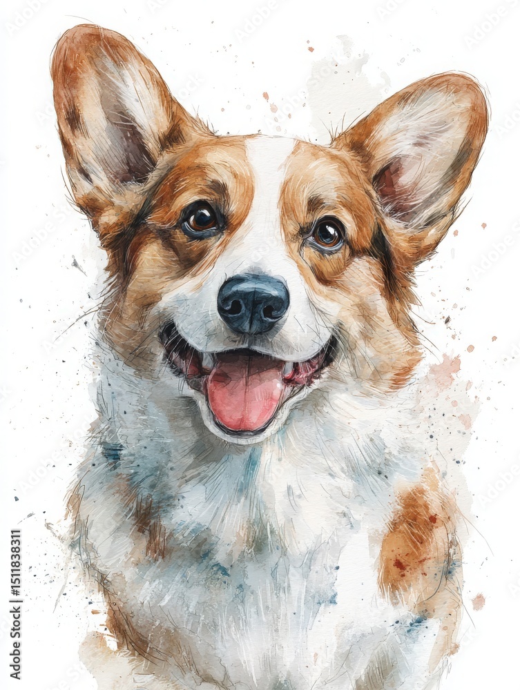 A happy corgi with a bright smile and expressive eyes. The intricate details and vibrant colors highlight the dogs cheerful nature, making it a charming representation.
