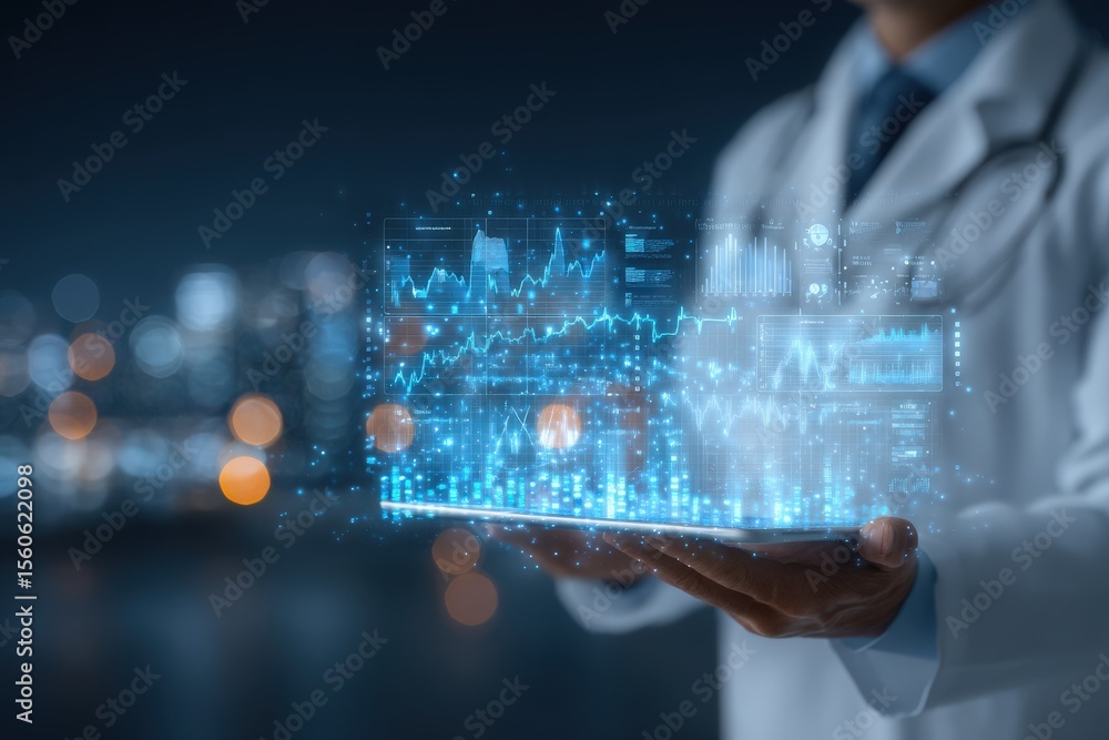 A health professional in a white coat holds a tablet displaying glowing digital graphs and analytics. The background features a blurred city skyline at night, enhancing the high-tech atmosphere.