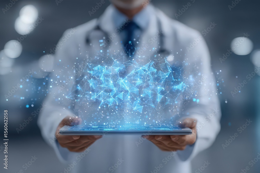 A healthcare professional in a lab coat is holding a tablet that projects a holographic display of interconnected data points.