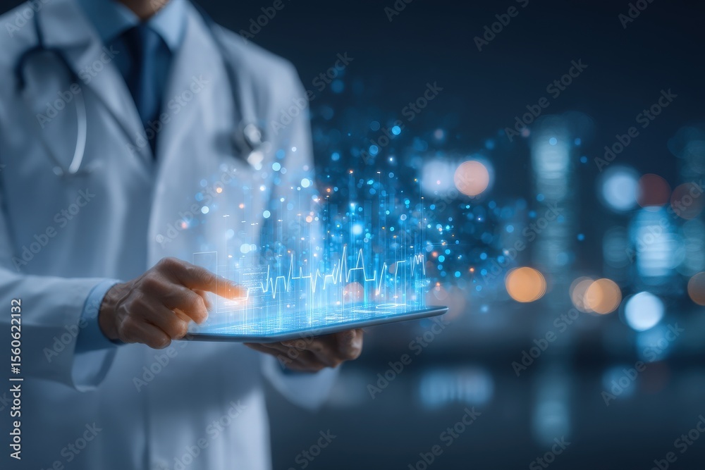 A healthcare worker in a lab coat examines dynamic holographic health data while standing in a modern cityscape.