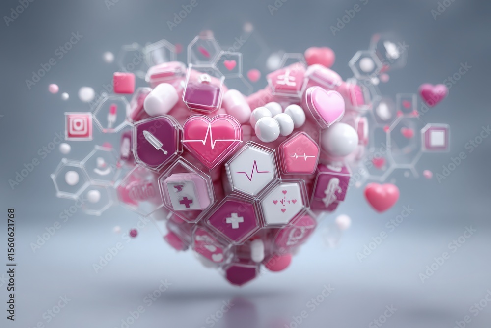 A heart shape formed by various health icons, including medical symbols, hearts, and molecules.