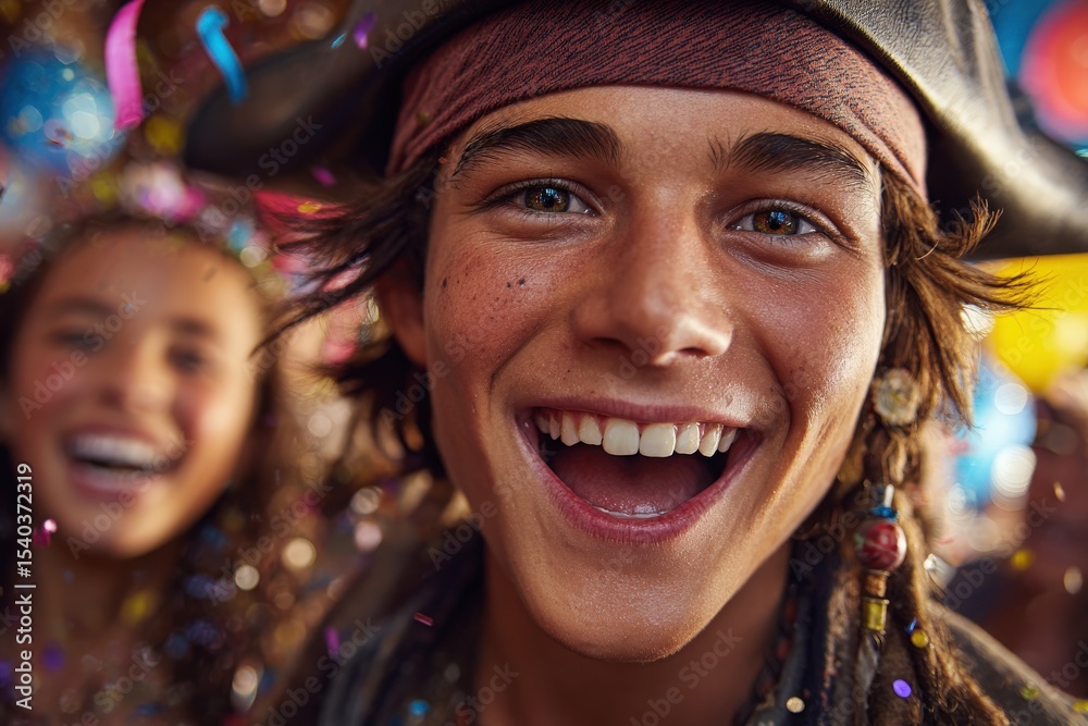 A joyful boy in a pirate costume smiles broadly during a lively festival. Colorful decorations surround him, and friends are visible in the background, celebrating together in a festive atmosphere.