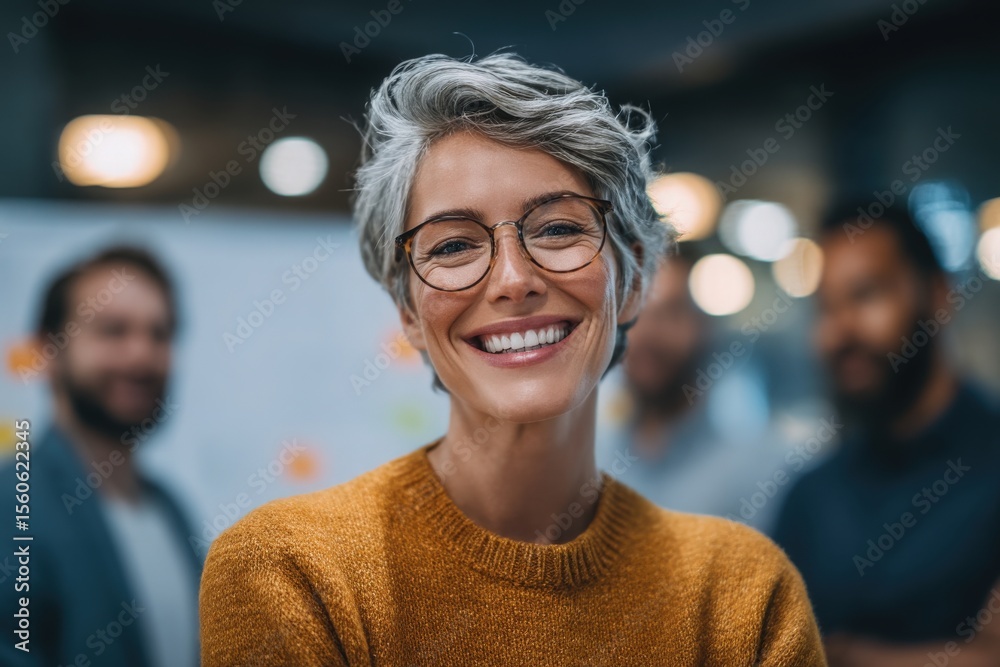A joyful woman with short gray hair and glasses proudly smiles while wearing an orange sweater. In the background, a few people engage in conversation in a warm, inviting atmosphere.