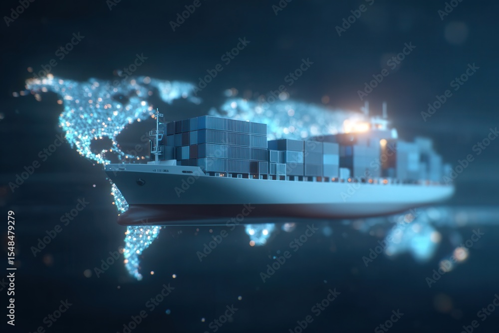 A large cargo ship laden with containers sails through a vast ocean, set against a glowing digital map of the world, highlighting global trade connections and maritime logistics.