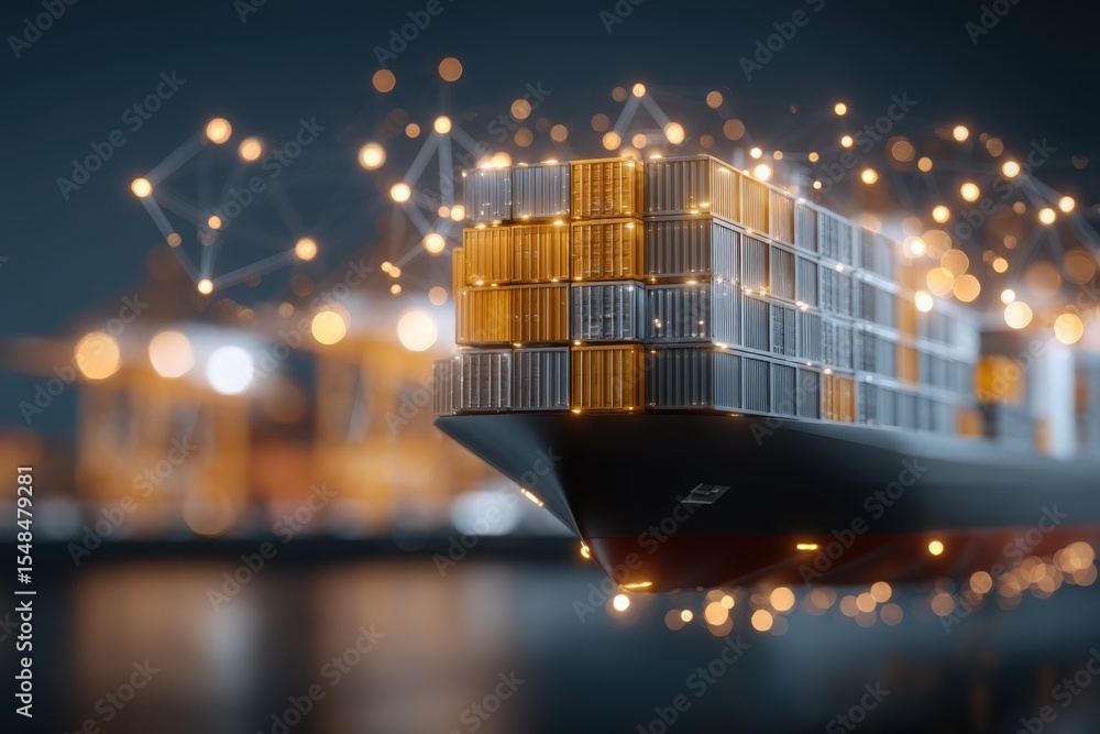 A large cargo ship loaded with colorful containers is gliding through dark waters at night. Bright lights and digital patterns give a modern, futuristic feel to the bustling shipping activity.