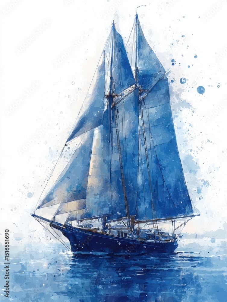 A large sailing ship with two tall masts navigates tranquil waters. The sails billow gently in the breeze, and the ships reflection shimmers on the surface, highlighting the serene atmosphere.