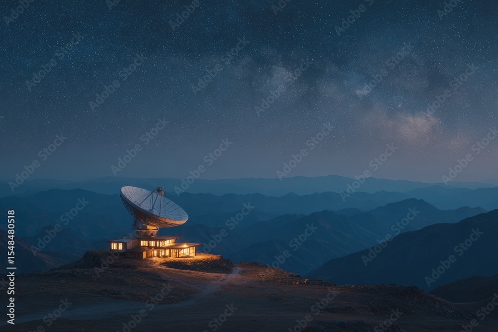 A large satellite dish stands on a mountain peak, illuminated by warm lights from the nearby building. Stars twinkle in the clear night sky, providing a stunning backdrop to the serene landscape.