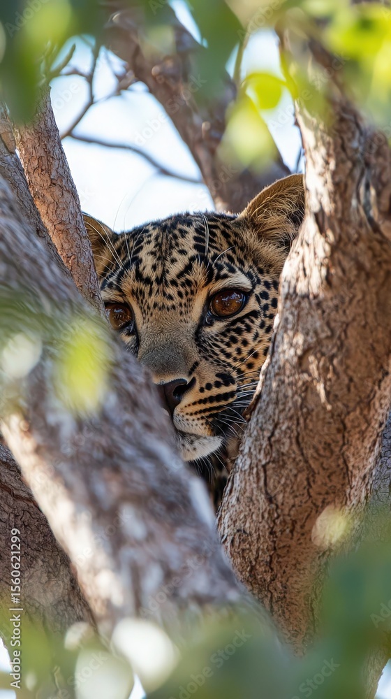 A leopard is partially concealed among the branches of a tree, its intense gaze peering through the foliage on a bright sunny day in the wild.