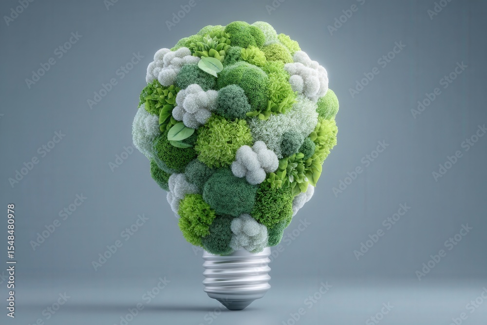 A light bulb crafted from various shades of green and white plants symbolizes innovation and sustainability. The arrangement highlights the idea of merging nature with technology in a modern context.