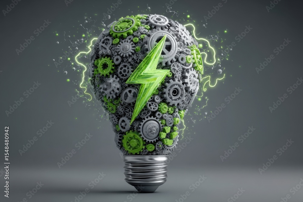 A light bulb filled with gears and a lightning bolt design represents energy and creativity. The bright green accents and dynamic elements convey a sense of innovation and power.