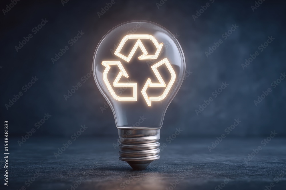 A light bulb is illuminated with a glowing recycling symbol, emphasizing the importance of sustainability and eco-friendly practices. The dark background highlights the innovative design.