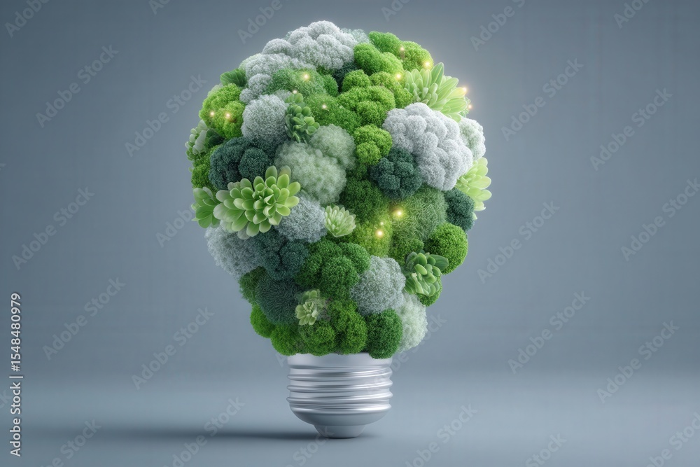 A light bulb made of lush green vegetation showcases innovativeness in eco-friendly design. This artistic representation blends nature and technology, highlighting the importance of sustainability.