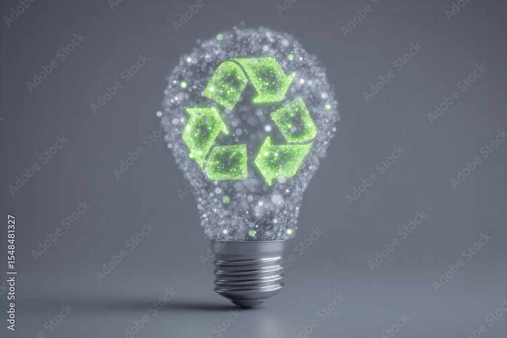 A light bulb with a glowing green recycle symbol inside it is prominently displayed against a gray background. This concept represents energy conservation and sustainable practices.