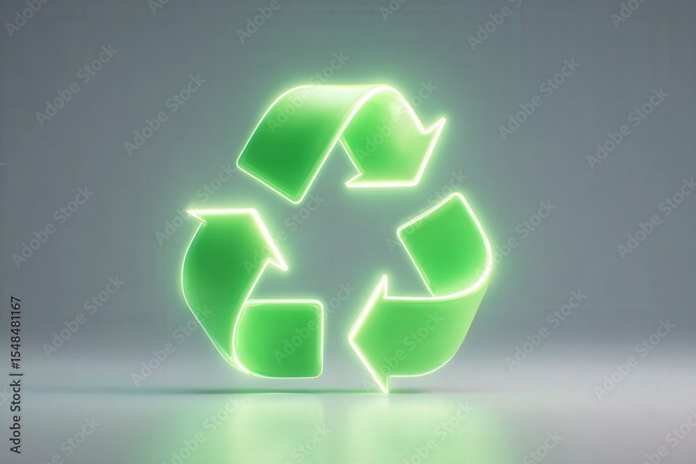 A luminous green recycling symbol is highlighted in a soft glow against a neutral backdrop, emphasizing sustainability and environmental awareness in a modern style.