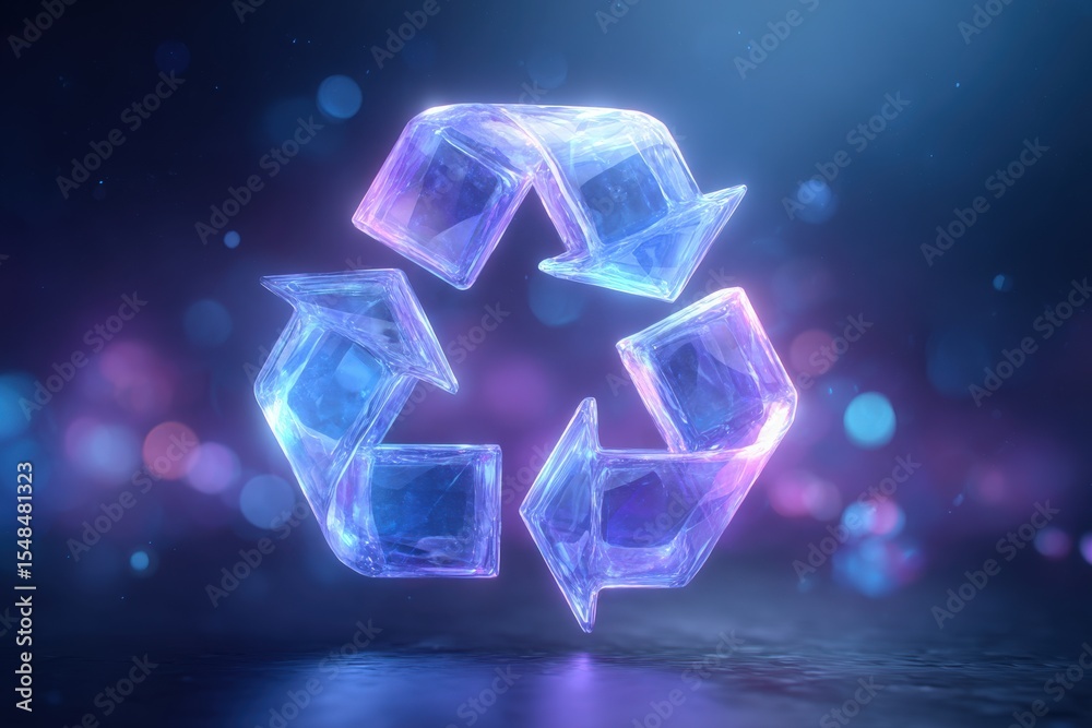 A luminous recycling symbol composed of translucent shapes glows with vibrant colors against a dark background.