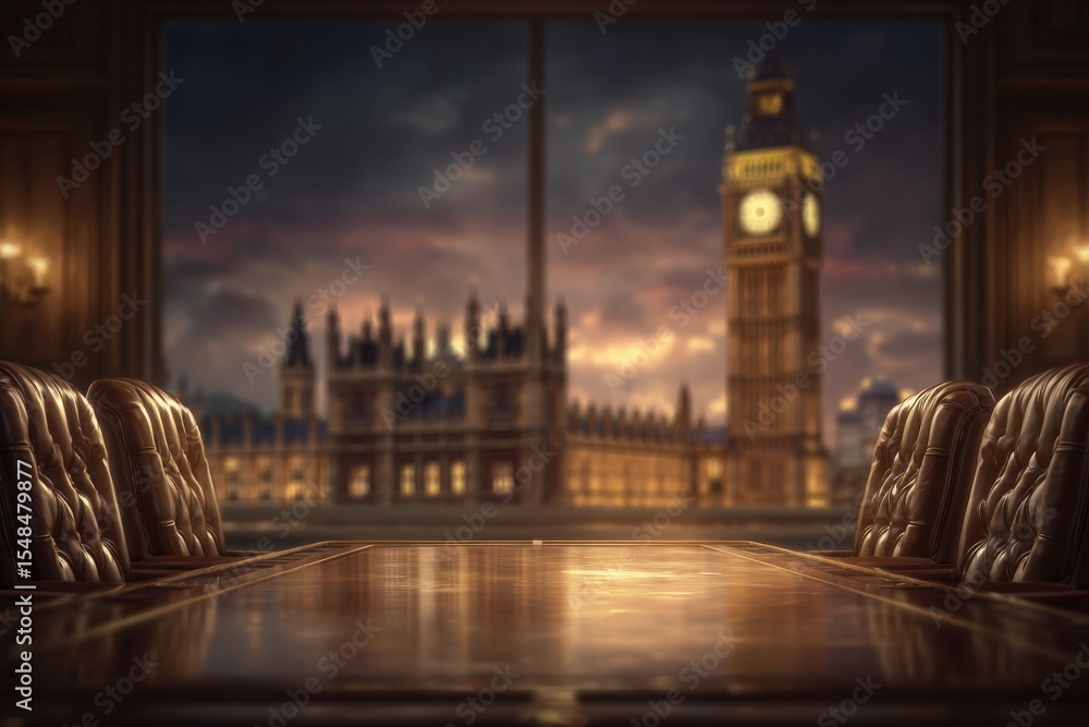A luxurious meeting room features a polished wooden table and leather chairs. Through large windows, Big Ben and the Houses of Parliament are silhouetted against a dramatic sunset.