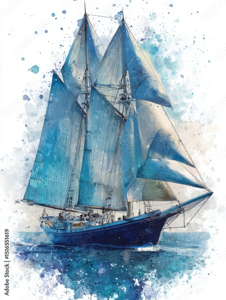 A majestic sailing ship with billowing blue sails glides gracefully across tranquil waters. The scene captures the serene beauty of the ocean, accentuated by a vibrant splash of colors.