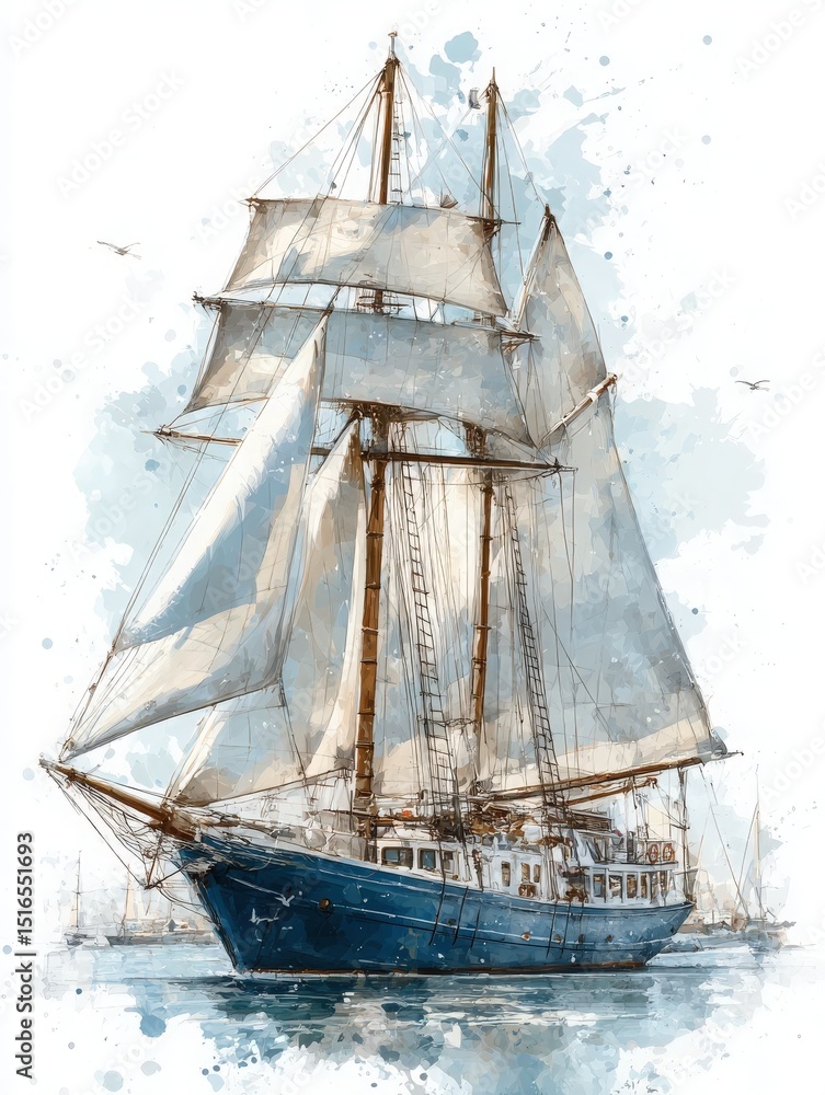 A majestic sailing ship with full white sails navigates tranquil waters, reflecting the morning light. The ships blue hull contrasts with the soft sea and sky, while distant boats dot the background.