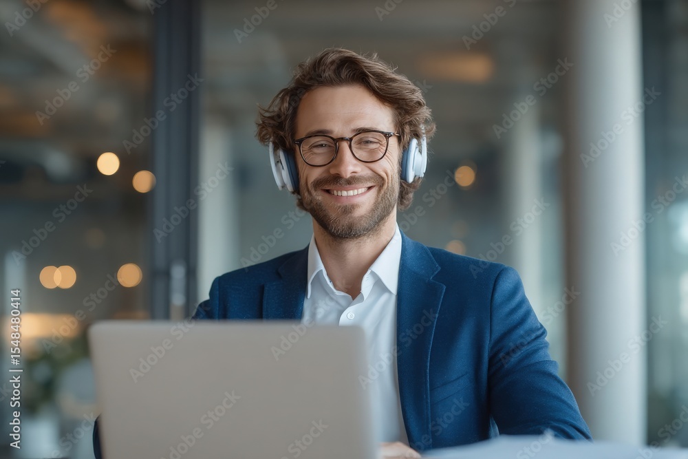 A man with curly hair and glasses wears headphones while sitting at a laptop in a bright office. He smiles, suggesting a positive and productive atmosphere during work hours.