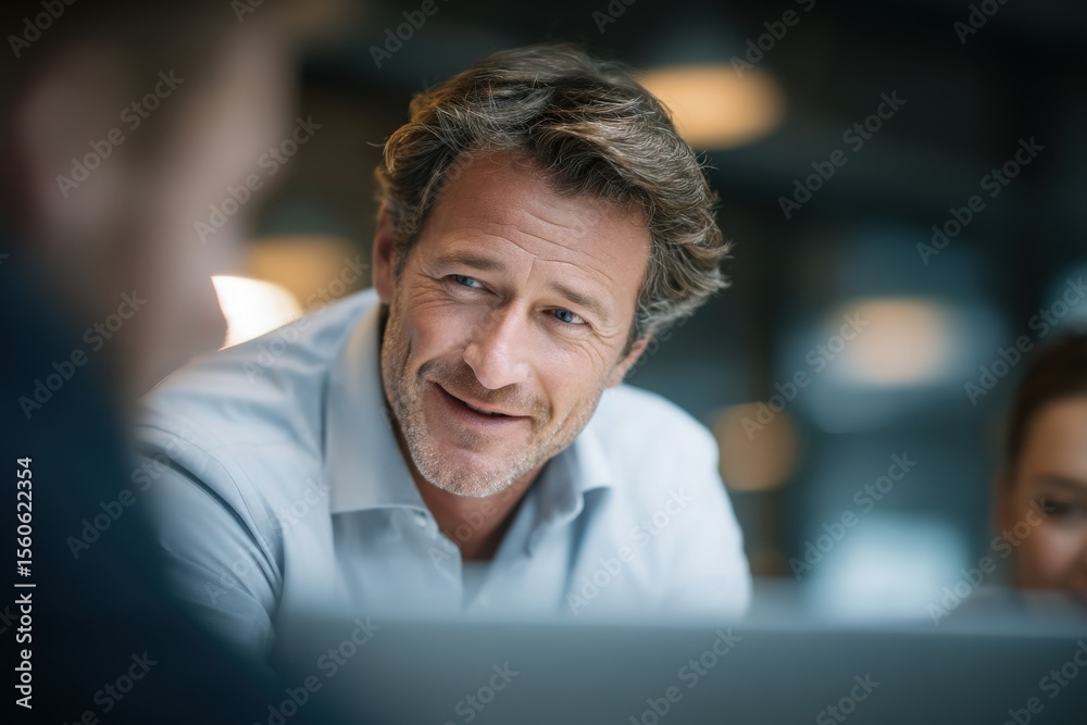 A man with short gray hair smiles while engaged in conversation with coworkers in a contemporary office. The atmosphere suggests teamwork, collaboration, and creativity.