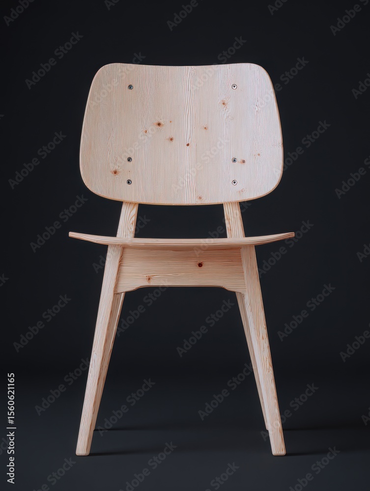 A minimalistic wooden chair stands upright against a dark background, showcasing its smooth lines and natural wood finish. The design emphasizes simplicity and elegance in furniture.