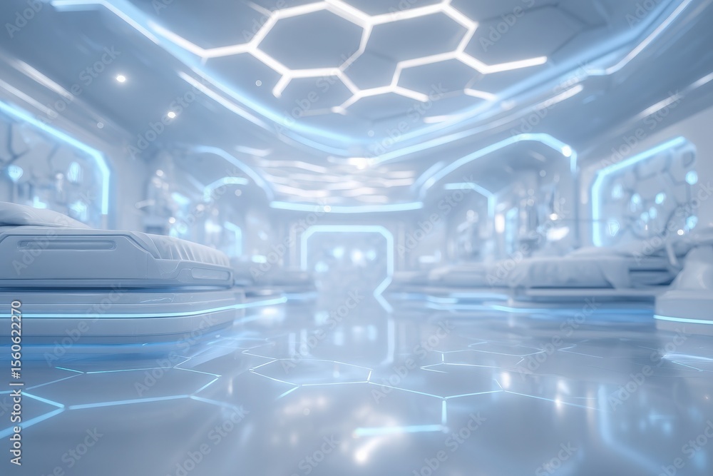 A modern, futuristic room features minimalist design elements with sleek beds and glowing blue accents. The illuminated walls and floor create a high-tech atmosphere, ideal for innovation.