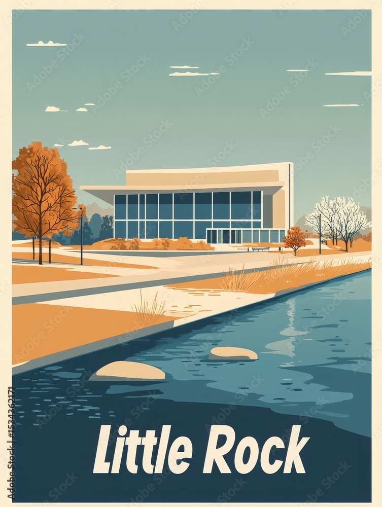 A modern structure stands prominently near a calm waterway, framed by trees showcasing vibrant autumn colors. The peaceful setting invites visitors to enjoy the architecture and natures beauty.